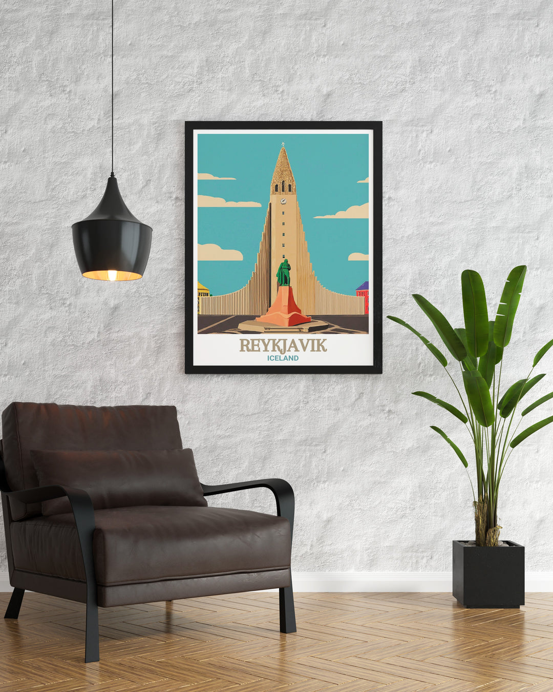 Hallgrímskirkja art print capturing the striking silhouette of Reykjaviks most iconic church, a masterpiece of modern architecture. This home print is ideal for those who appreciate the blend of tradition and innovation in Scandinavian design.