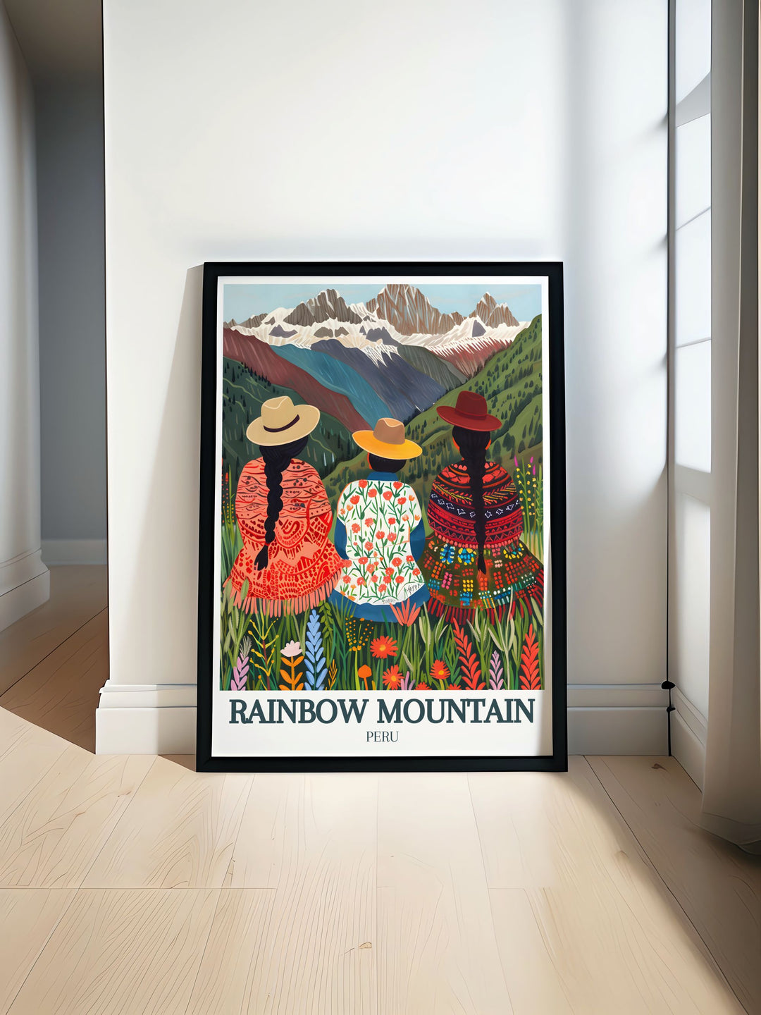 Stunning Rainbow Mountain art showcasing vibrant colors and cultural significance of Quechua people Andes Mountains perfect for adding elegance to any home decor with modern and stunning artwork.