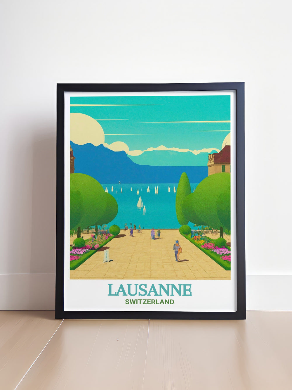 Lausannes Ouchy Promenade is captured in stunning detail in this wall art, offering a peaceful glimpse into Switzerlands lakeside beauty, perfect for enhancing any living space with a touch of elegance.