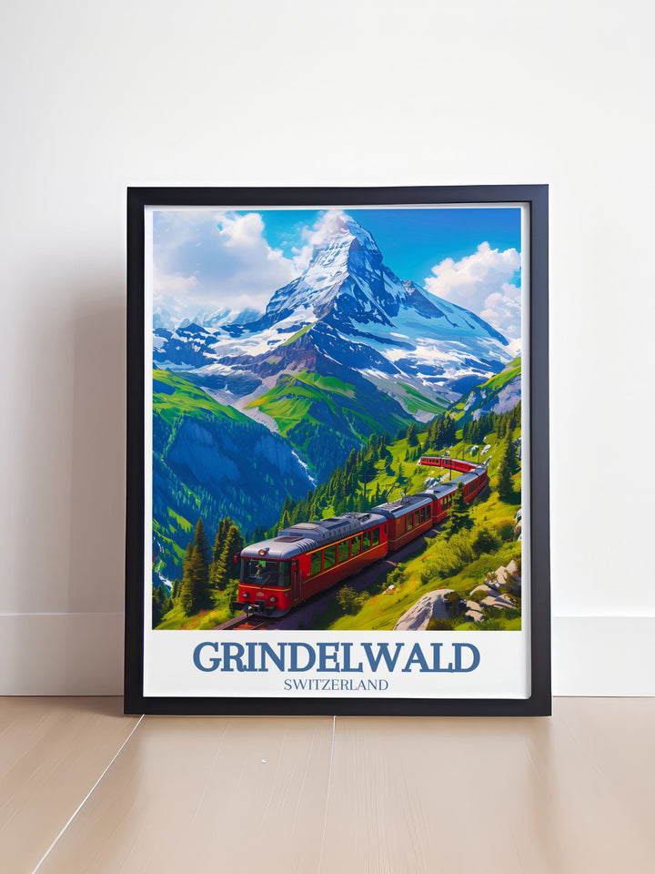 An exquisite art print of Eiger mountain Grindelwald First capturing the essence of the Swiss Alps. This Grindelwald First artwork showcases the natural beauty and tranquility of the mountain village making it a perfect gift.