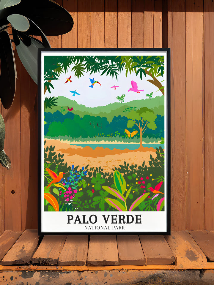 Bring the serenity of Costa Rica into your space with this Palo Verde National Park art print featuring the Arenal Tempisque Conservation Area and Tempisque River a must have piece for anyone looking to add modern nature inspired decor to their home or office.