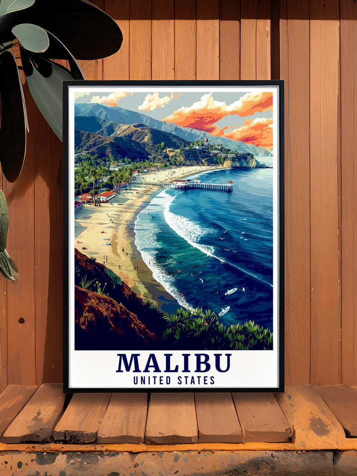 Bring the elegance of Malibu Lagoon State Beach into your home with this beautiful travel print. Featuring the iconic views of Malibus coastline, this artwork adds a touch of Californias charm to any space, whether modern or classic.