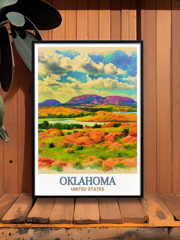 Stunning Oklahoma decor print showcasing Wichita Mountains Wildlife Refuge. Black and white fine line print adds sophistication to living room decor or office spaces. A thoughtful gift for birthdays anniversaries or Christmas holidays for art and nature lovers.