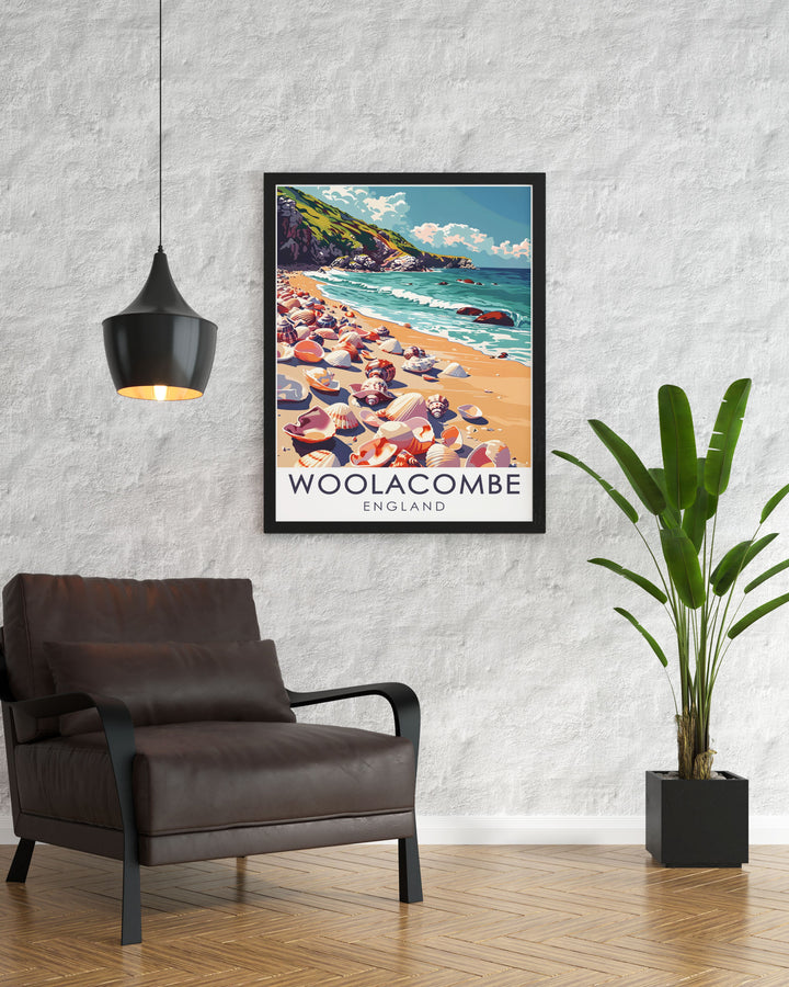 Barricane Beach poster showcasing the picturesque beauty of Devon coast ideal wall art for adding a touch of elegance to your home decor perfect gift for friends and family who cherish the serene charm of Woolacombe