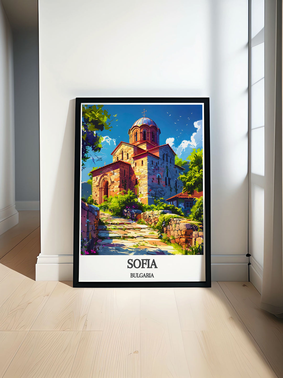 Sofia Print showcasing the stunning architecture of BULGARIA Rila Monastery surrounded by scenic mountains and lush greenery perfect for wall art and home decor enthusiasts.