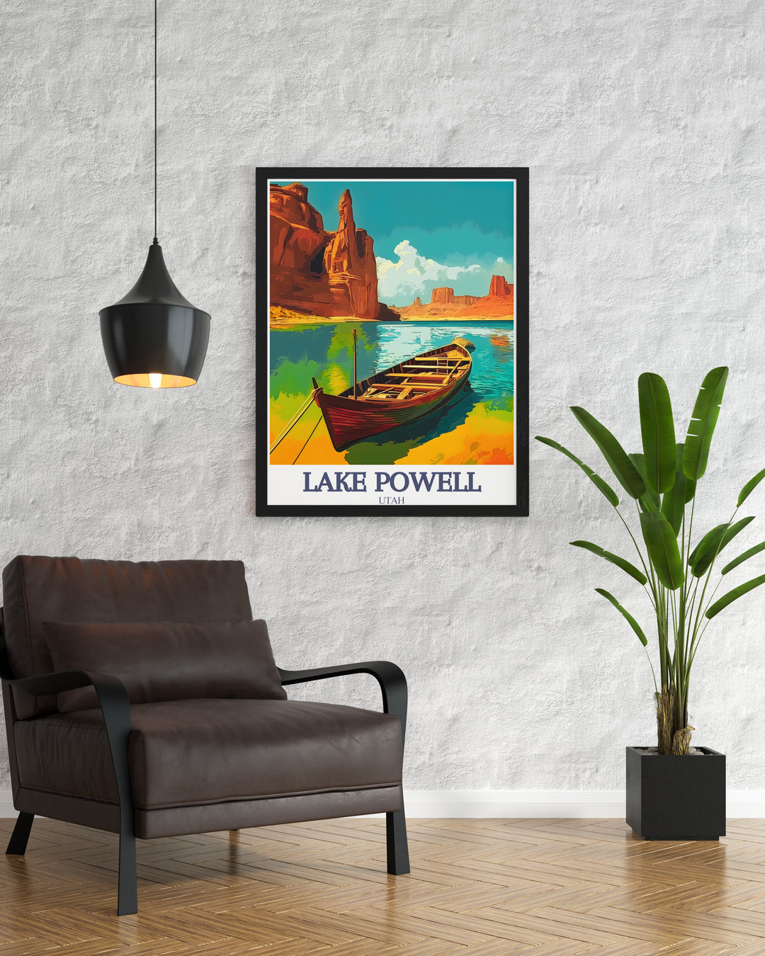 The beauty of Lake Powell is captured in this travel print, featuring Glen Canyon cove and Padre Bay. This artwork adds a peaceful, natural element to your home, evoking memories of adventure and exploration.