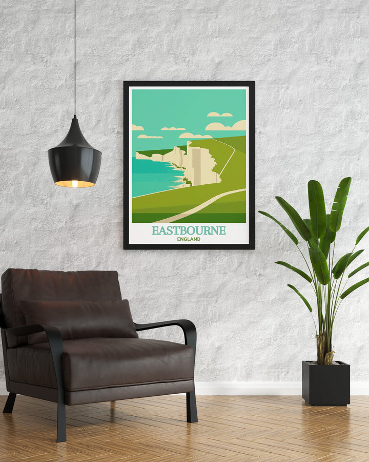 South Downs Way travel art print showcasing Beachy Head, one of the most stunning landscapes in England. This print is ideal for hikers, nature lovers, and anyone who dreams of exploring the English coast.