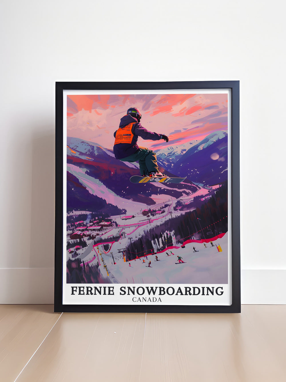 A vibrant Fernie Snowboarding poster print capturing the excitement of snowboarding in the stunning Lizard Range. This detailed travel print is perfect for winter sports enthusiasts and brings the thrill of Fernies slopes into your home.