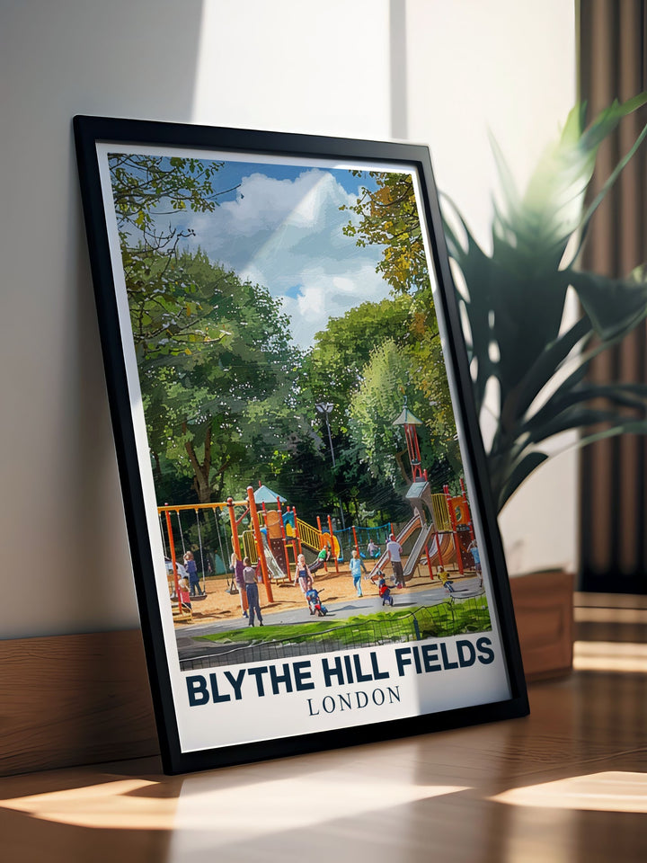 Highlighting the stunning views from Blythe Hill Fields, this travel poster showcases the parks scenic beauty and iconic sights like Canary Wharf, ideal for nature enthusiasts and home decor lovers.