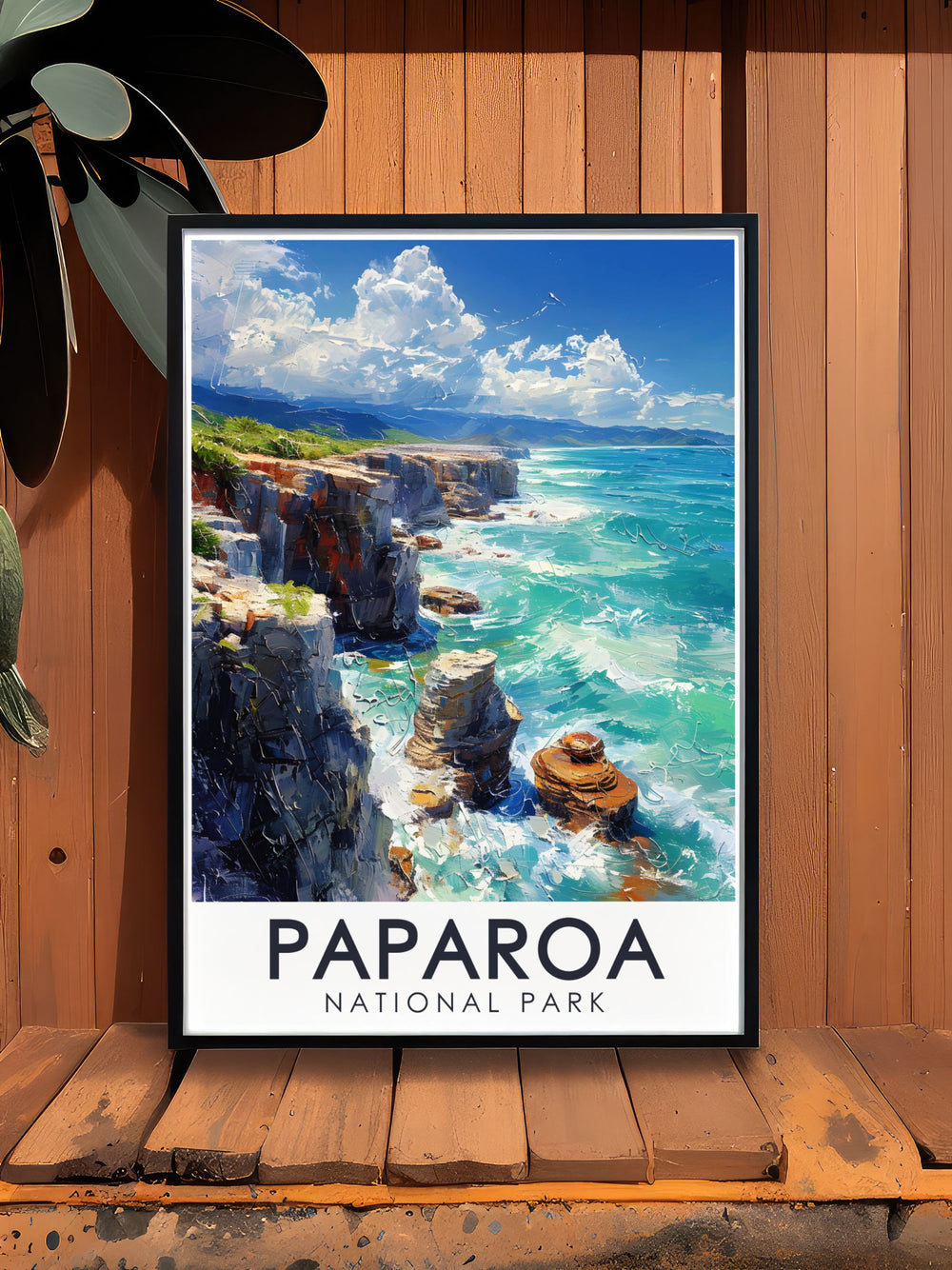 Vibrant vintage travel print showcasing Pancake Rocks and blowholes ideal for nature enthusiasts and elegant home decor adding a touch of New Zealands natural beauty