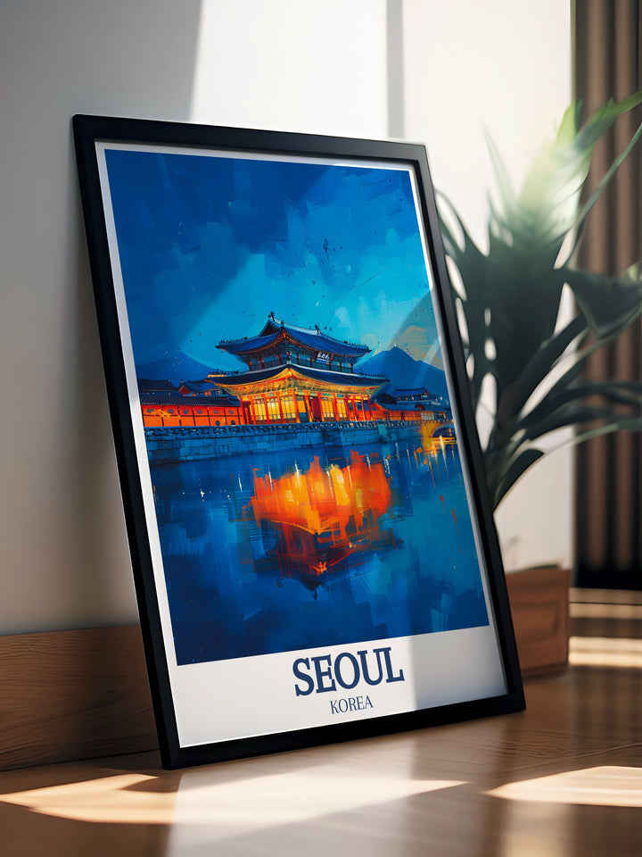 Unique Seoul Art Print featuring the historic Gyeongbokgung Palace and tranquil Han River a perfect piece for home decor or as a traveler gift showcasing the elegance and cultural significance of South Koreas capital city
