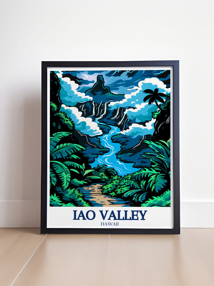 This Iao Valley travel print highlights the dramatic landscape of Mauis famous Iao Valley. The towering Iao Needle rises above the valley floor while the Iao Stream meanders through lush greenery. Perfect for those who love Hawaiis untouched landscapes, this artwork will inspire wanderlust and serenity.