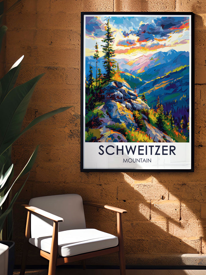 This Schweitzer Mountain and Lake Pend Oreille Travel Print celebrates the natural beauty of Idahos outdoor playground. The artwork features the majestic Schweitzer Mountain summit, paired with the peaceful waters of Lake Pend Oreille, making it a striking addition to any space.