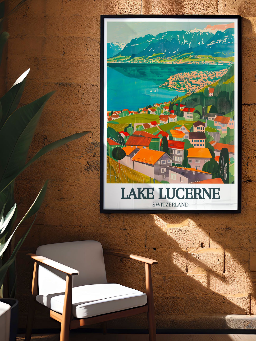 Lake Lucerne print featuring Lucerne Old Town and Swiss Alps is a perfect addition to any Switzerland decor. The vibrant colors and detailed depiction of Switzerlands iconic landmarks make it an ideal gift for those who love European travel and landscapes.