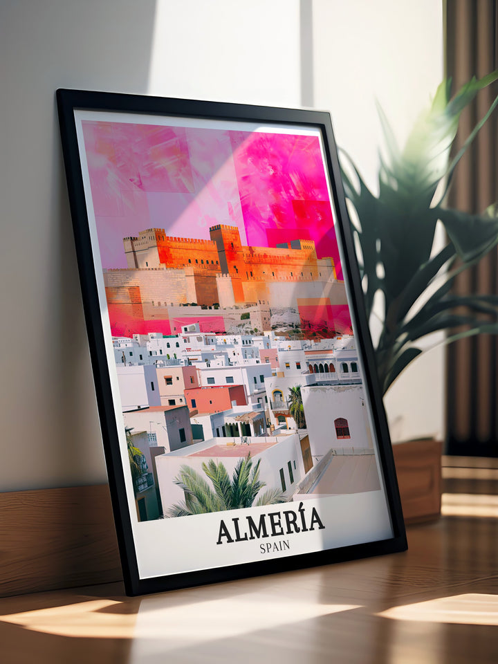 Almería wall poster featuring the stunning combination of the Alcazaba fortress and La Chanca neighborhood. This travel art captures the essence of Almerías historic charm and cultural vibrancy.