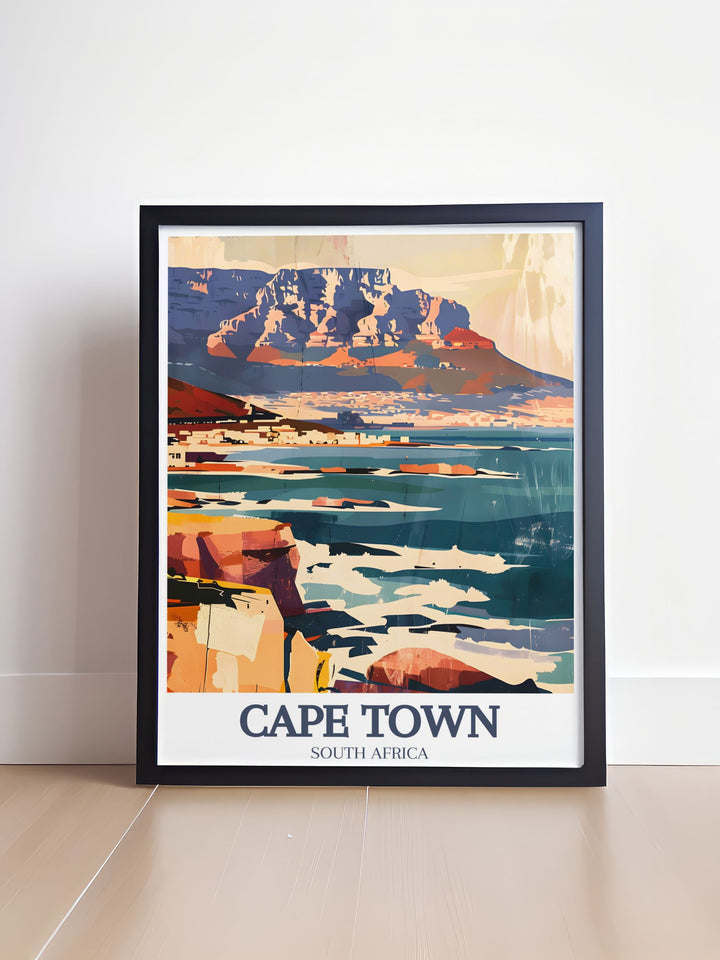 Cape Town Poster Print presents a stunning visual of Table Mountain and the Cape of Good Hope, capturing the citys iconic skyline and coastal beauty. This travel print is ideal for anyone looking to bring the spirit of Cape Town into their home.