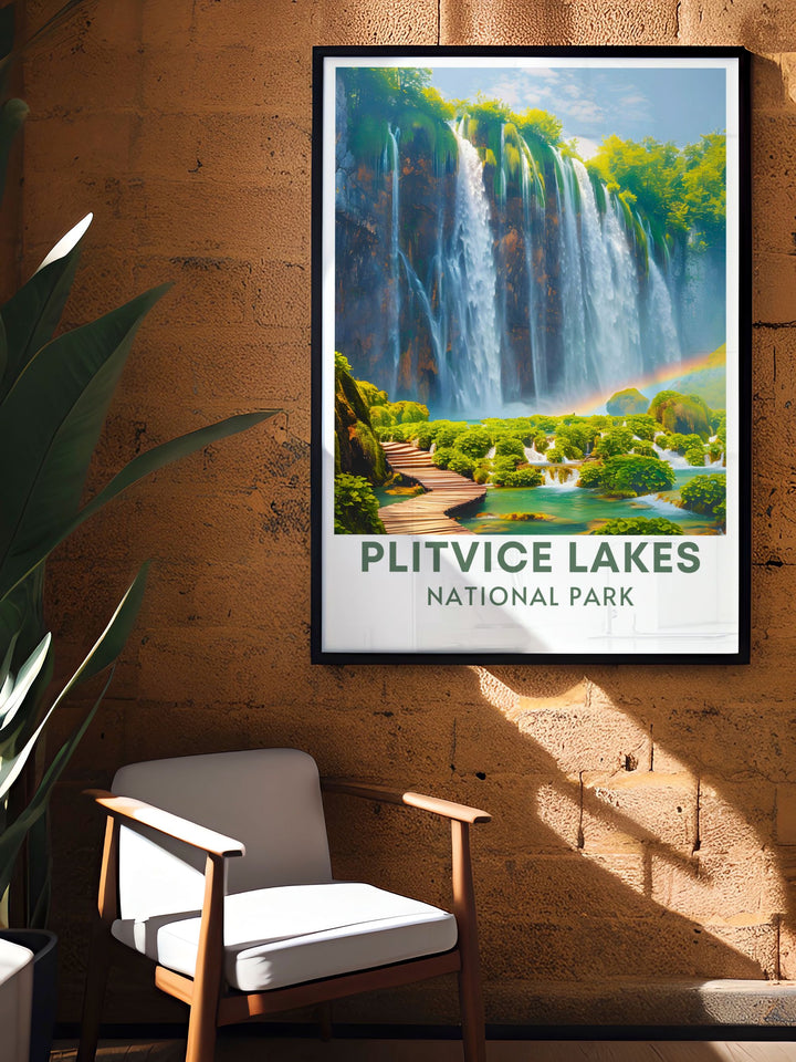 Veliki Slap Boardwalk artwork perfect for adding a touch of nature to your home this travel print features the serene beauty of Croatias Plitvice Lakes a perfect piece for art collectors and travel enthusiasts who appreciate detailed and vibrant prints