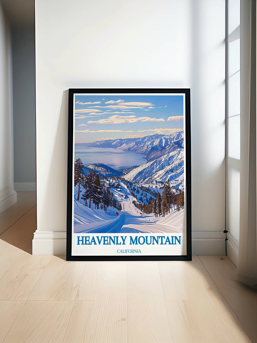 Heavenly Ski Resort winter wonderland view showcasing snowy mountain peaks and ski trails. The stunning snow covered landscape captures the essence of skiing and winter sports at one of the premier resorts. Ideal for adding a touch of mountain charm and adventure to your home decor or office space.