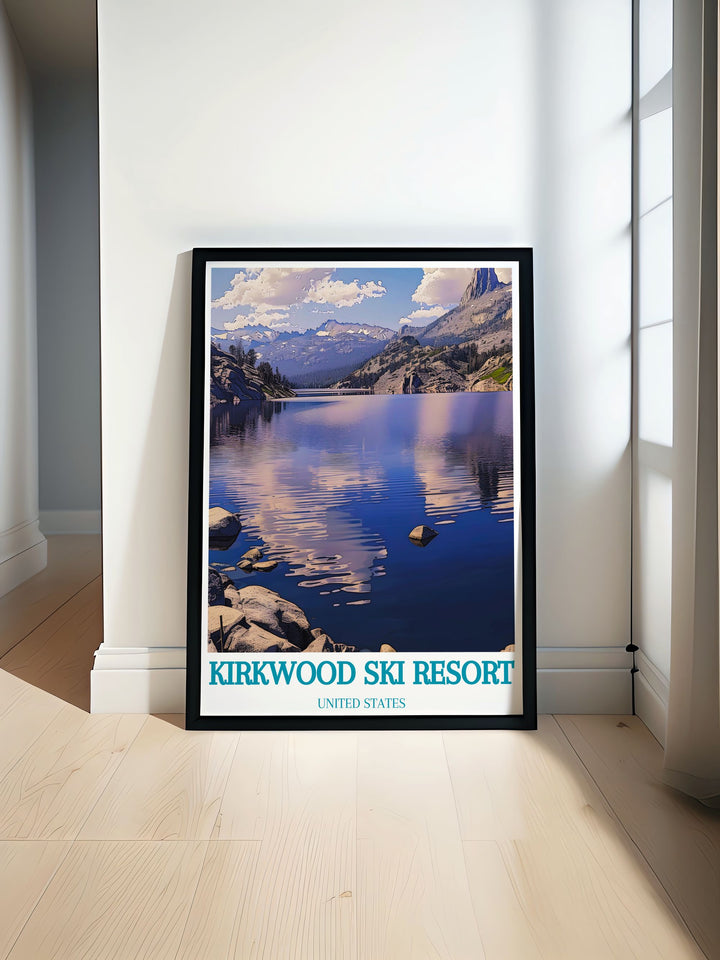 A stunning modern art print of Caples Lake featuring serene lake views surrounded by lush green mountains. The tranquil scene showcases the lakes calm waters reflecting the vibrant landscape and provides an elegant touch to any home decor or office setting.