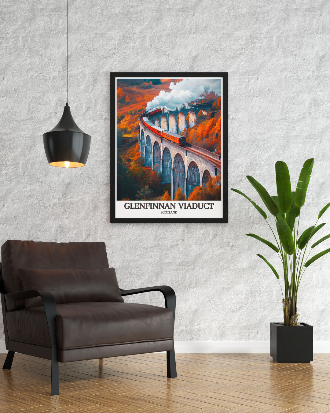 Gallery wall art of the Glenfinnan Viaduct in Scotland, capturing its majestic arches and stunning highland backdrop, perfect for enhancing your home with a touch of historic charm.