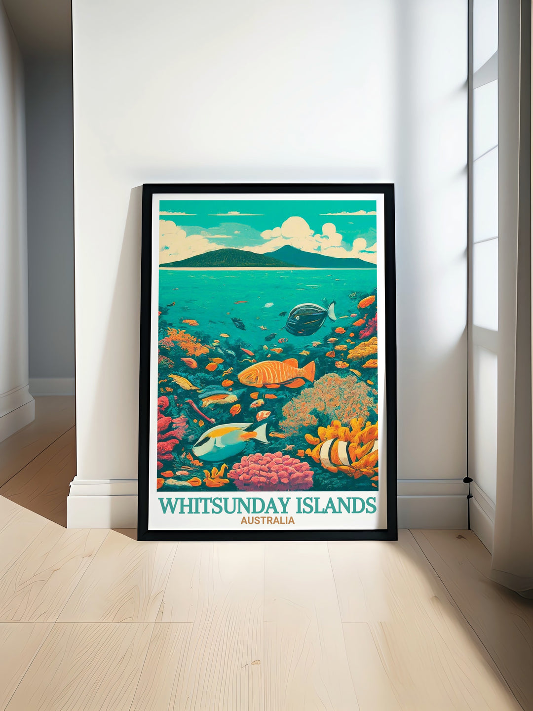 Whitsunday Islands travel print featuring pristine beaches and lush greenery along the Great Barrier Reef perfect for nature lover gift and beach wall art ideal for enhancing Australian home decor with a touch of tropical elegance.