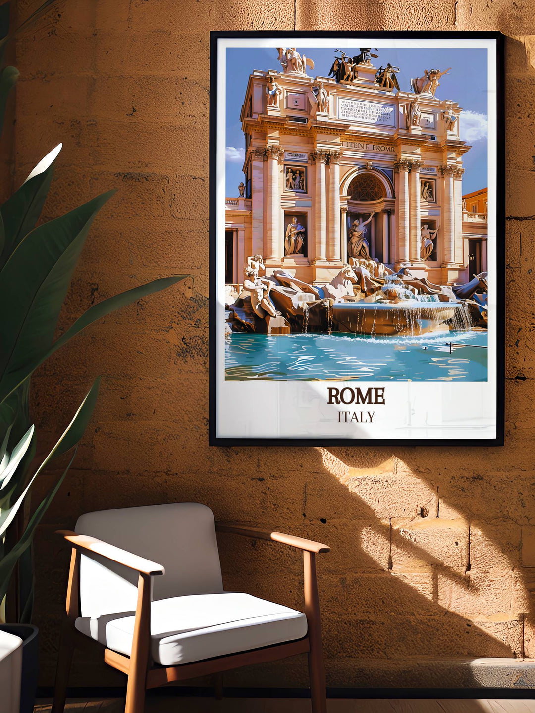 Beautiful Trevi Fountain Print capturing the historic charm of Rome Italy. This artwork is ideal for enhancing any home decor and is a perfect choice for a memorable travel gift.