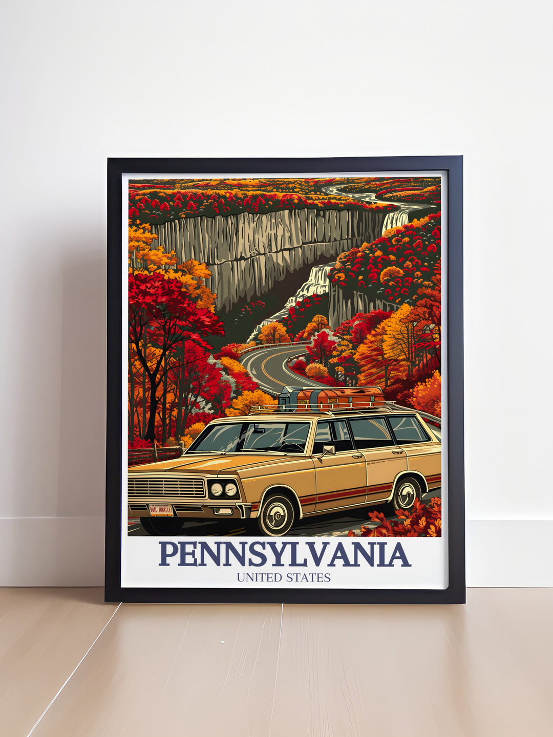 Our Pennsylvania poster art highlights the tranquil beauty of the Glens Natural Area and Ricketts Glen State Park. With detailed depictions of waterfalls and natural landscapes, this travel print is a great addition to your home decor or as a thoughtful gift.