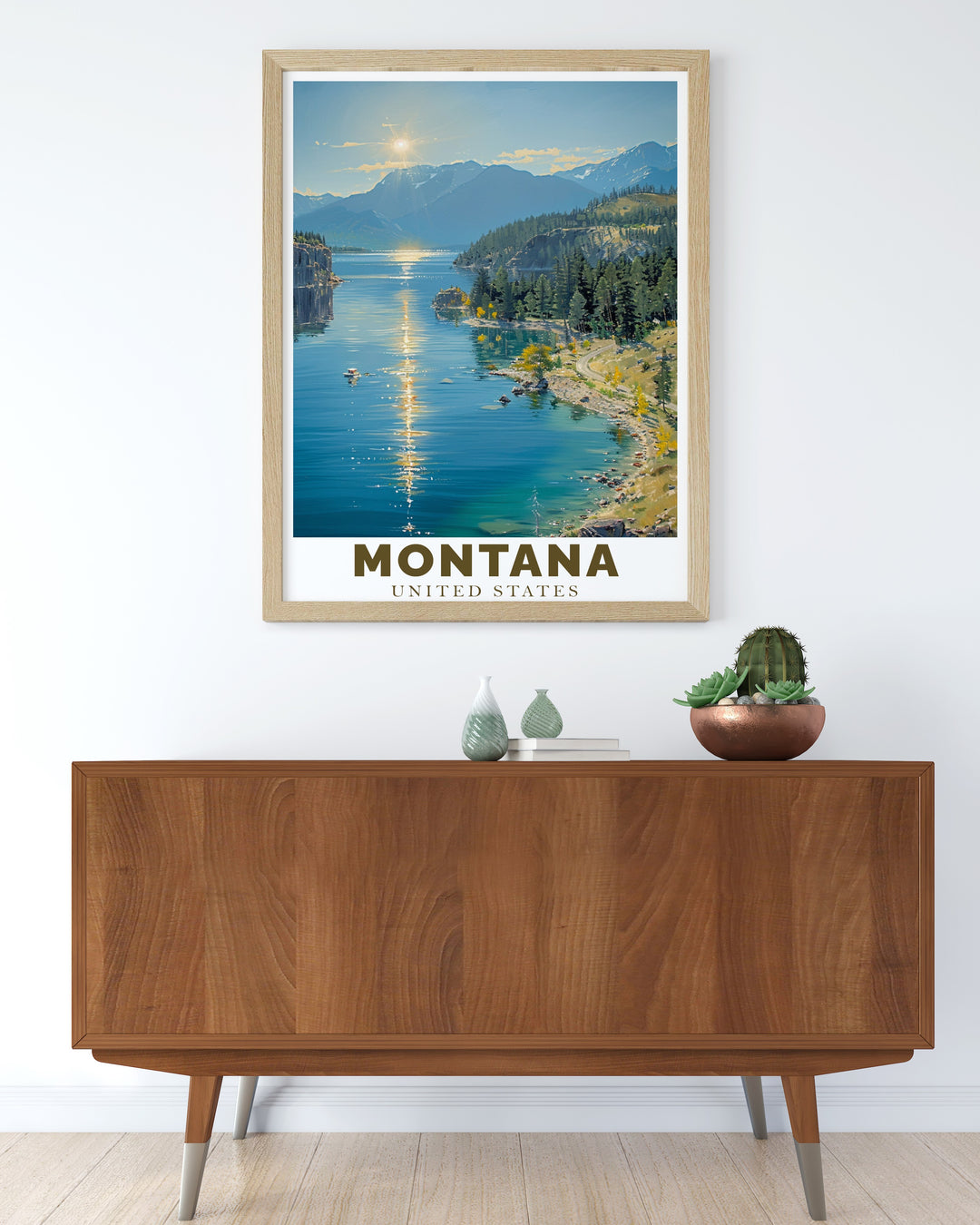 Montana Poster Print features the stunning beauty of Flathead Lake, one of the largest freshwater lakes in the western United States. This travel print captures the crystal clear waters and surrounding mountains, making it an ideal piece for nature lovers and adventure seekers.