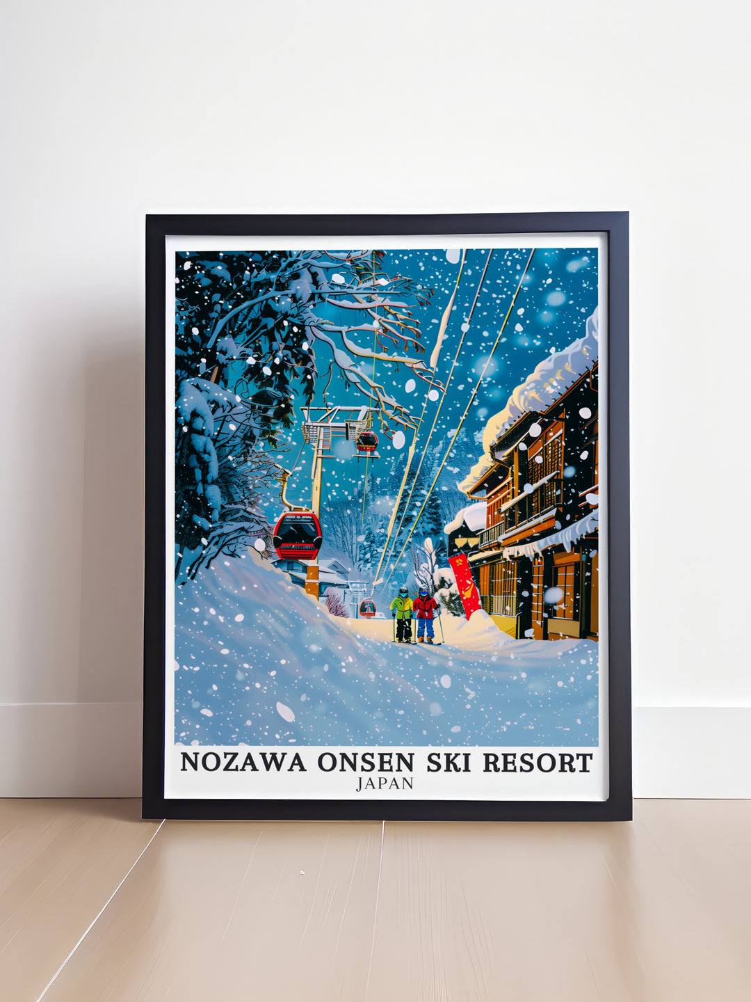 Nozawa Onsen Framed Art offers a sophisticated and elegant portrayal of Japans premier ski destination. The artwork features the iconic ryokans and hot springs of Nozawa Village, framed by the snow covered peaks of the Japanese Alps, making it a timeless addition to any collection.