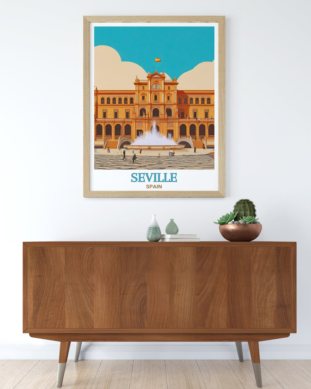 Showcase your love for Spain with this Plaza de España Travel Print. This Seville artwork highlights the beauty of the landmarks bridges, central fountain, and historic design, making it a beautiful addition to any room or travel art collection.