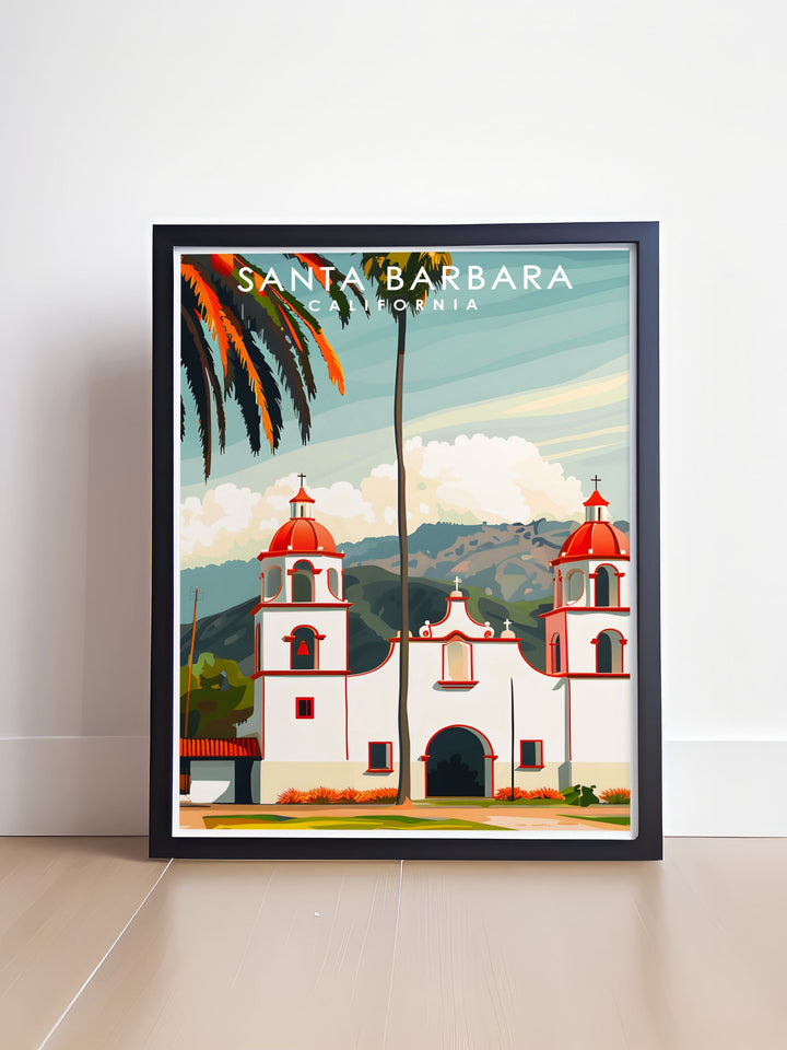 Santa Barbara Mission artwork captures the iconic architecture and vibrant street map of the city perfect for adding a lively and colorful touch to your home decor this art print is a wonderful gift option for any occasion