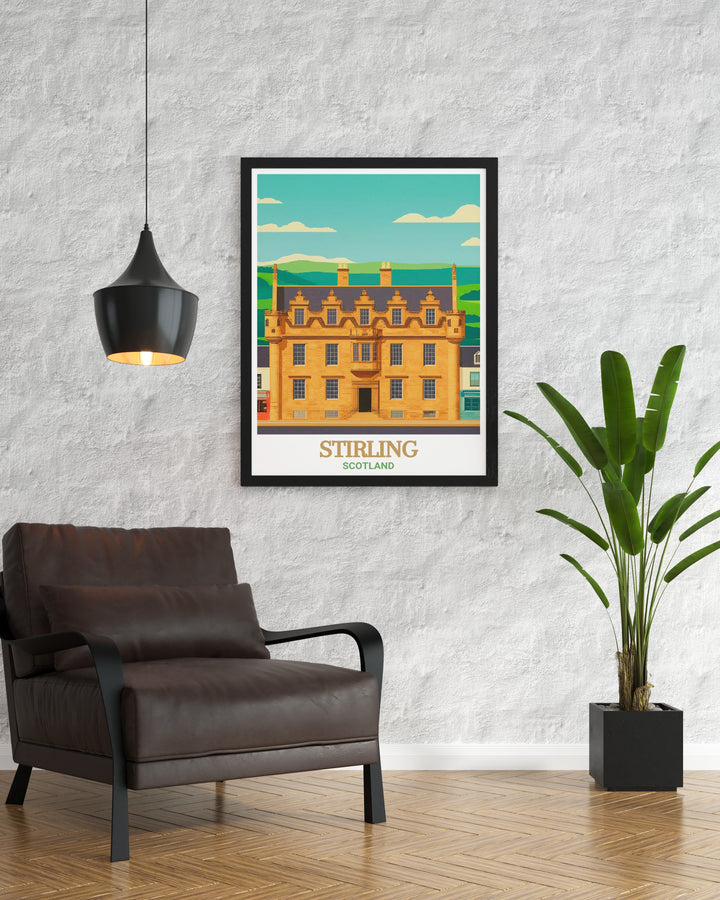 A breathtaking view of Stirling Castle is captured in this Scotland travel poster, highlighting its prominence in Scottish history. This wall art makes a stunning addition to any space, offering a timeless reminder of Scotlands past.