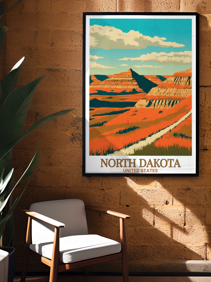 North Dakota Wall Art featuring the expansive landscapes of the Maah Daah Hey Trail. This travel poster highlights the sweeping vistas and natural beauty of one of North Dakotas most beloved trails. Bring the spirit of exploration into your home with this stunning piece.