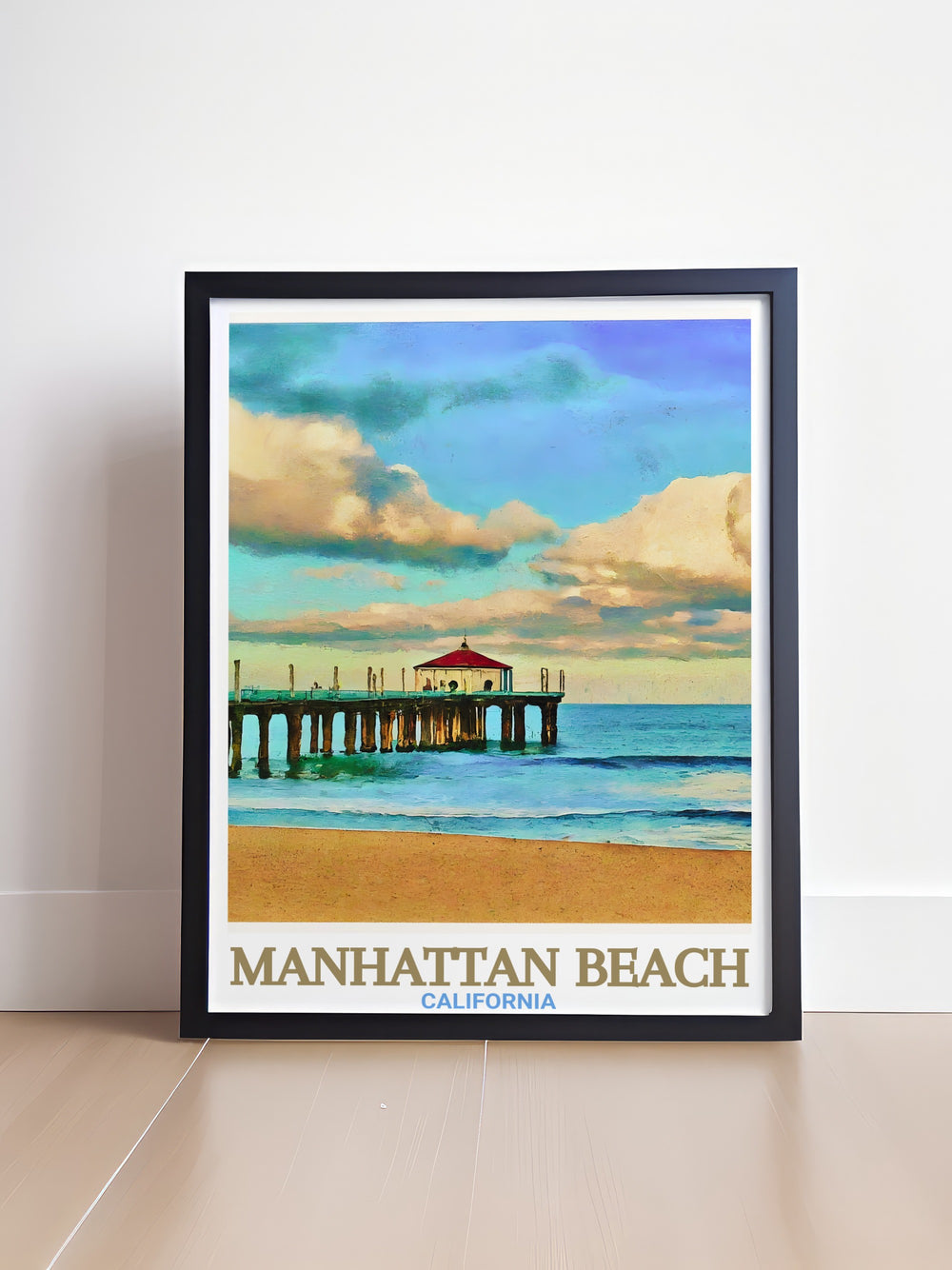 This Manhattan Beach poster print showcases the stunning California coastline and the iconic Manhattan Beach Pier. The vibrant colors and detailed artwork bring the relaxed beach vibes into any room, making it a perfect piece for lovers of coastal living and California decor.