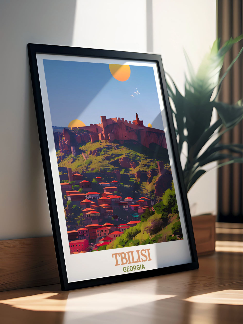 This stunning Tbilisi Wall Art showcases the historic Narikala Fortress in a vintage design with a beautifully detailed city map. A perfect addition to any living space this print adds elegance and a touch of Georgian history to your home decor.