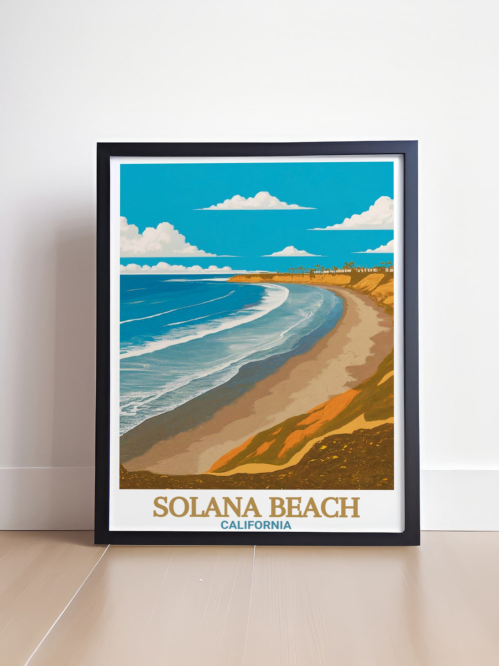 An eye catching Solana Beach travel poster featuring the picturesque Fletcher Cove in California. This artwork is perfect for coastal enthusiasts looking to add a touch of beachside charm to their living space, offering a glimpse into the relaxed, sun soaked lifestyle of Californias coast.