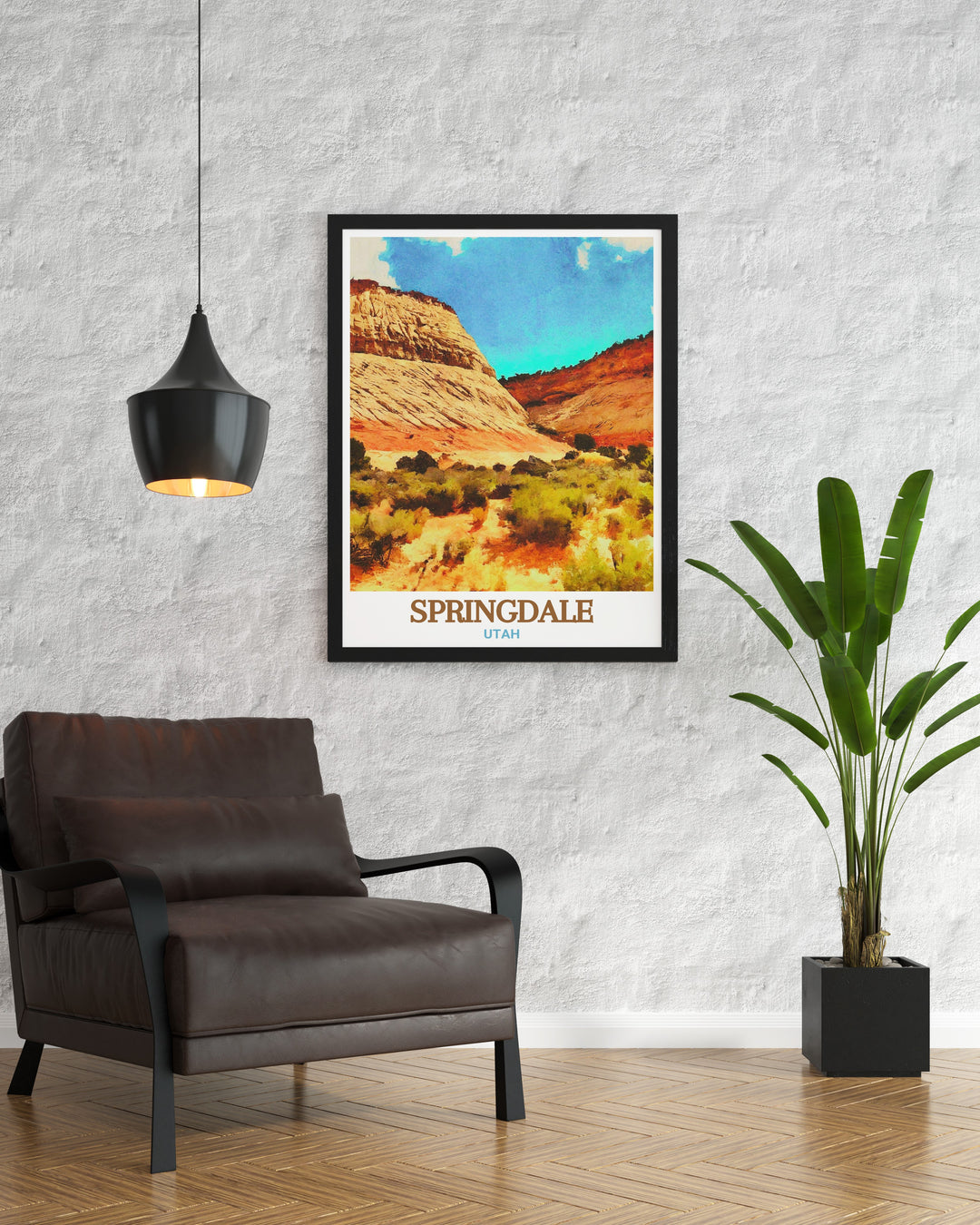 Bring the beauty of Utah into your home with this print of Checkerboard Mesa and Springdale. The detailed artwork highlights the unique patterns of the Mesas rock formations and the charm of Springdale, creating a piece that adds both elegance and adventure to any room. Perfect for home decor or as a gift.