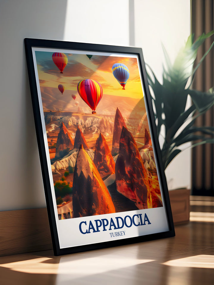 This art print of Cappadocias hot air balloons and Fairy Chimneys captures the essence of one of Turkeys most famous regions. Perfect for home decor or as a gift, it offers a unique way to experience the magic of Cappadocia.