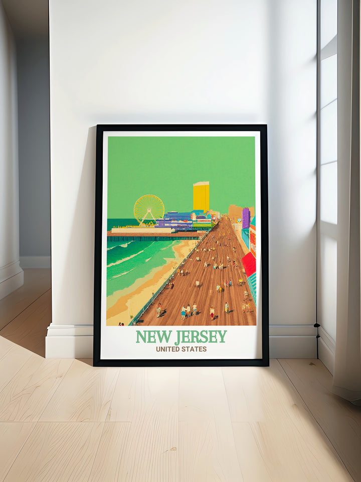 Vintage style Atlantic City Boardwalk print with a blend of historic and modern elements. Perfect for home decor or as a thoughtful gift. This artwork celebrates the rich history and vibrant atmosphere of New Jerseys iconic boardwalk, making it a cherished memento.