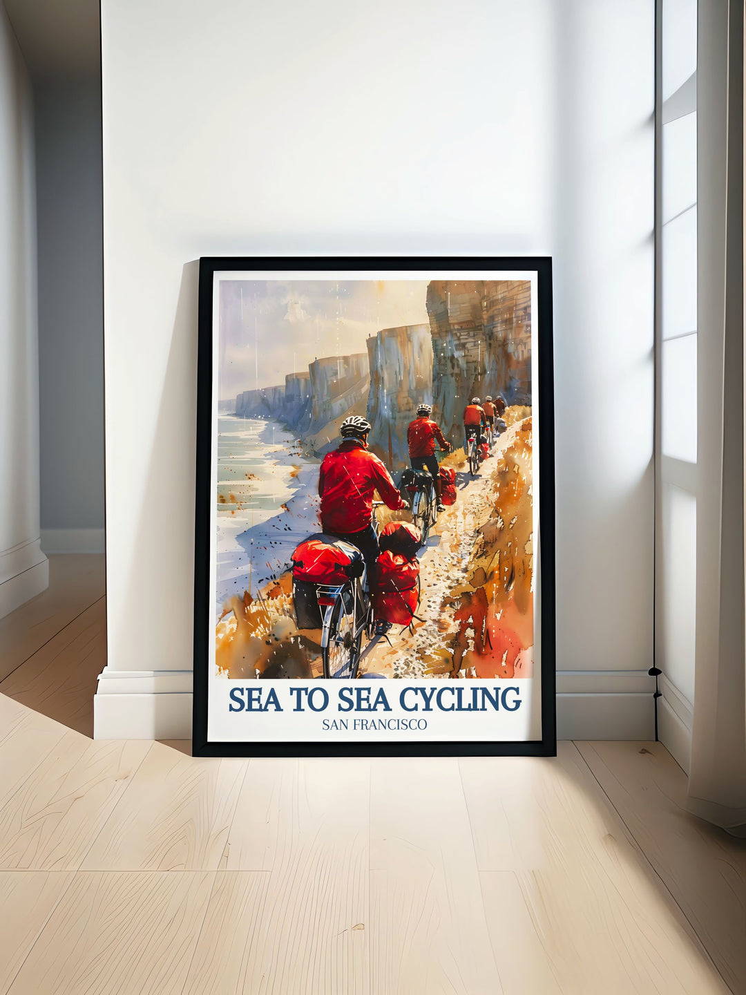 This vintage inspired poster of the Sea to Sea Cycling Route captures the breathtaking landscapes of England, from the Cliffs of Dover to the Lake District, perfect for your home decor.