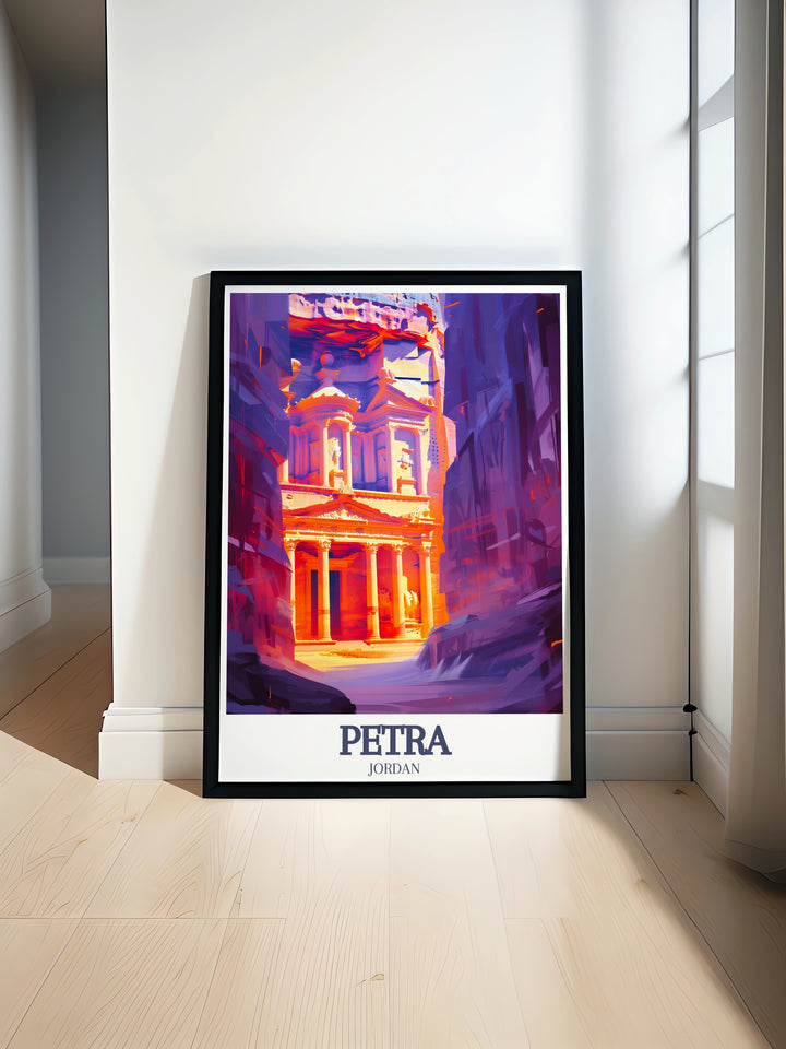 Petra Travel Poster highlighting the journey through The Siq and the reveal of The Treasurys intricate façade. This framed art is perfect for those who dream of exploring ancient sites and experiencing the history of Jordan.