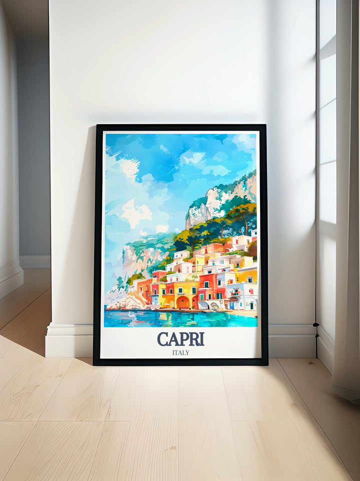 Beautiful Capri Art Print showcasing the iconic Faraglioni Rocks Capri Island and Mediterranean scenery This modern art print is perfect for adding an elegant touch of Italy to your living room decor ideal for travelers and art lovers