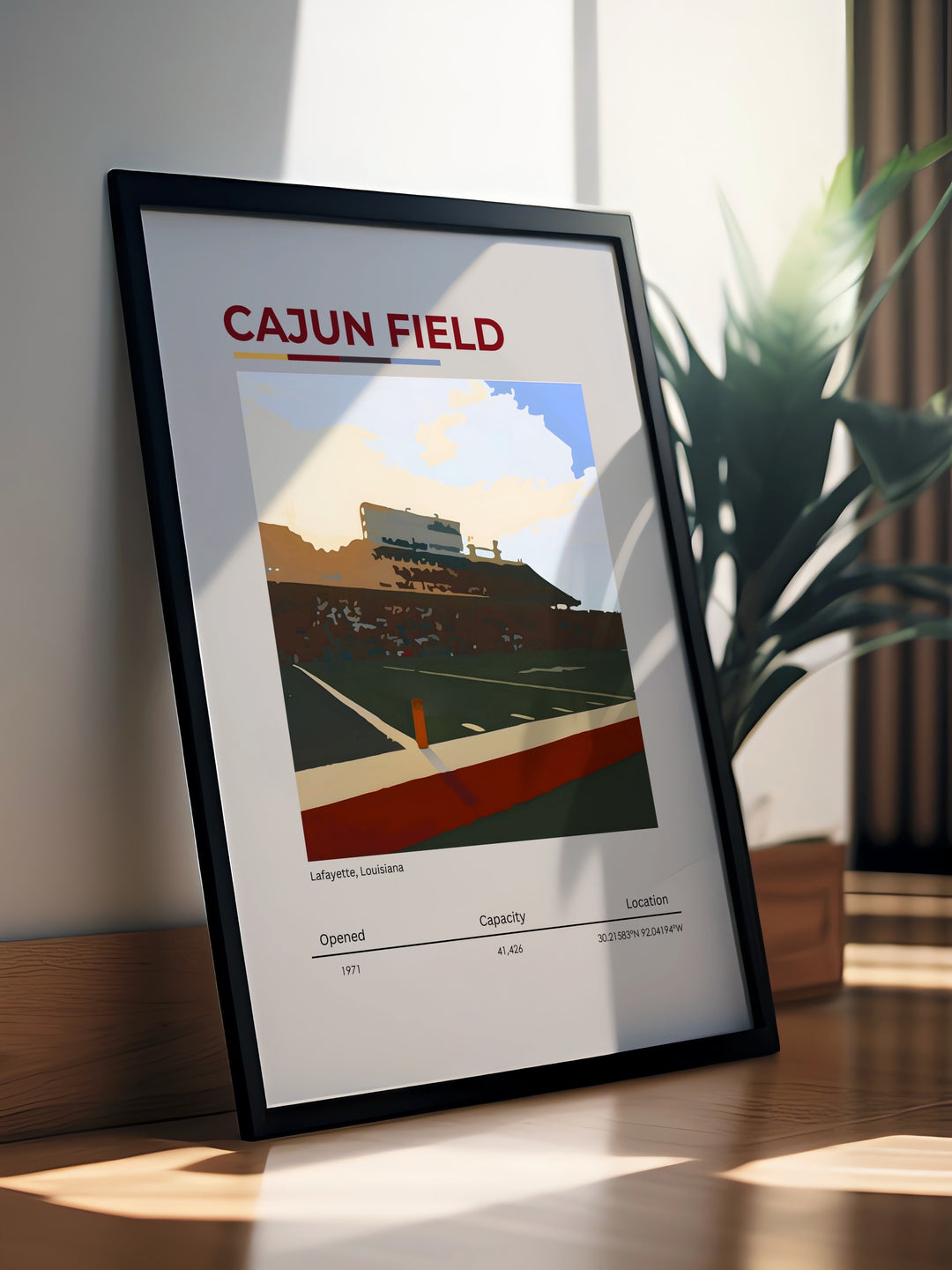 Dynamic Cajun Field print for college football enthusiasts featuring Louisiana Ragin Cajuns art. This poster is ideal for decorating a dorm room or adding a stylish touch to your living room showcasing team pride with bold and colorful artwork.