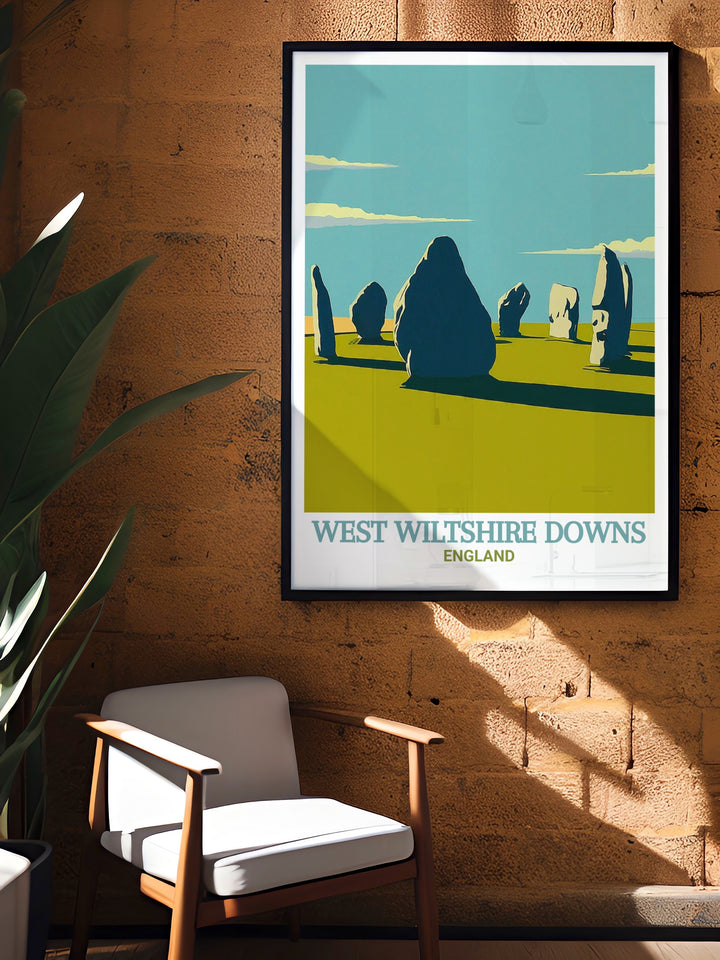 Travel print of Avebury Stone Circle highlighting the grandeur and historical significance of this ancient site. Perfect for anyone who appreciates Englands prehistoric history, this poster adds a touch of wonder to any room.