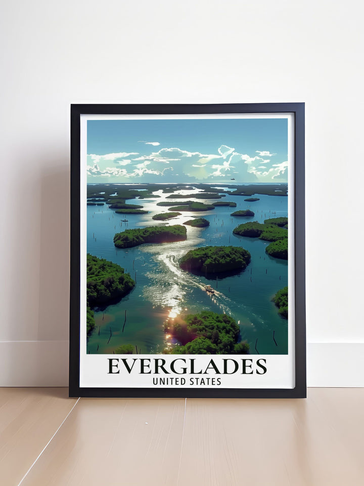 Travel Poster depicting the serene beauty of the Everglades. Ideal for nature lovers and adventurers. This print highlights the unique landscapes of the National Park and includes the beautiful 10 thousand islands experience.