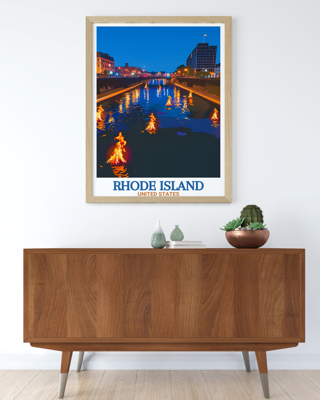 Rhode Island travel print showcasing WaterFire, with vibrant colors and modern design. This art piece highlights the glowing flames on the Providence riverfront, making it ideal for those who appreciate the artistic beauty and cultural significance of Rhode Island.