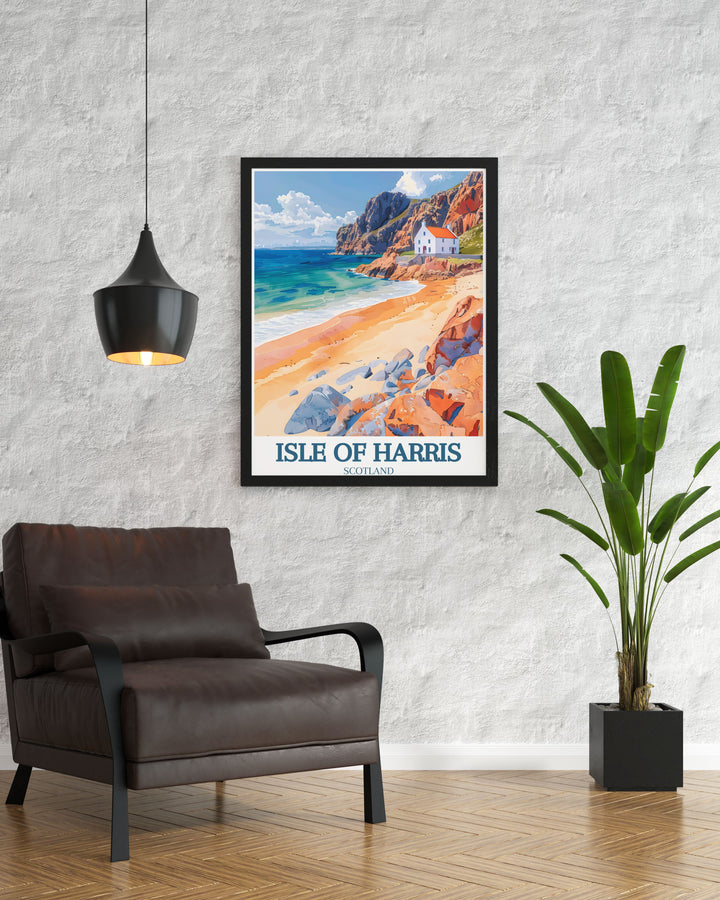 An exquisite canvas art piece celebrating the unique scenery of the Outer Hebrides. This artwork beautifully illustrates the natural charm of the Isle of Harris, with its stunning beaches and dramatic landscapes, ideal for lovers of nature and adventure.