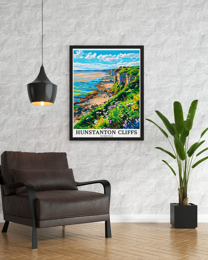 Hunstanton Cliffs travel poster offering a detailed view of one of Englands most iconic coastal landscapes. The vibrant colors and intricate details of the cliffs make this print a stunning addition to any room, perfect for those who love exploring Englands natural wonders.