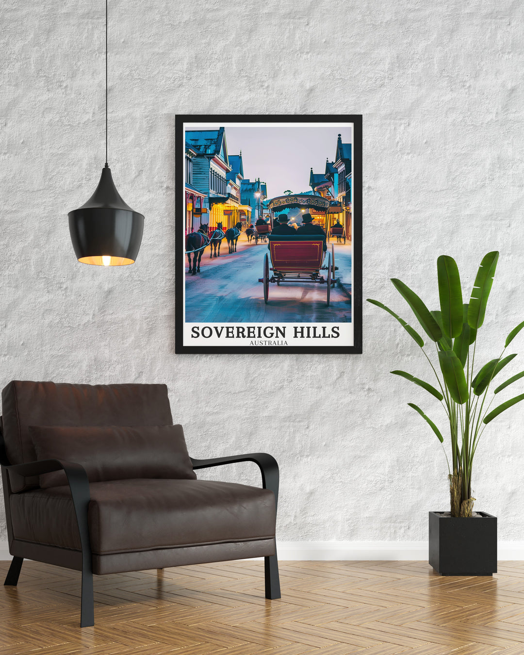 Beautifully crafted Sovereign Hill travel poster, bringing the lively streets of Main Street into your home, an ideal piece for New Zealand art collectors and history buffs