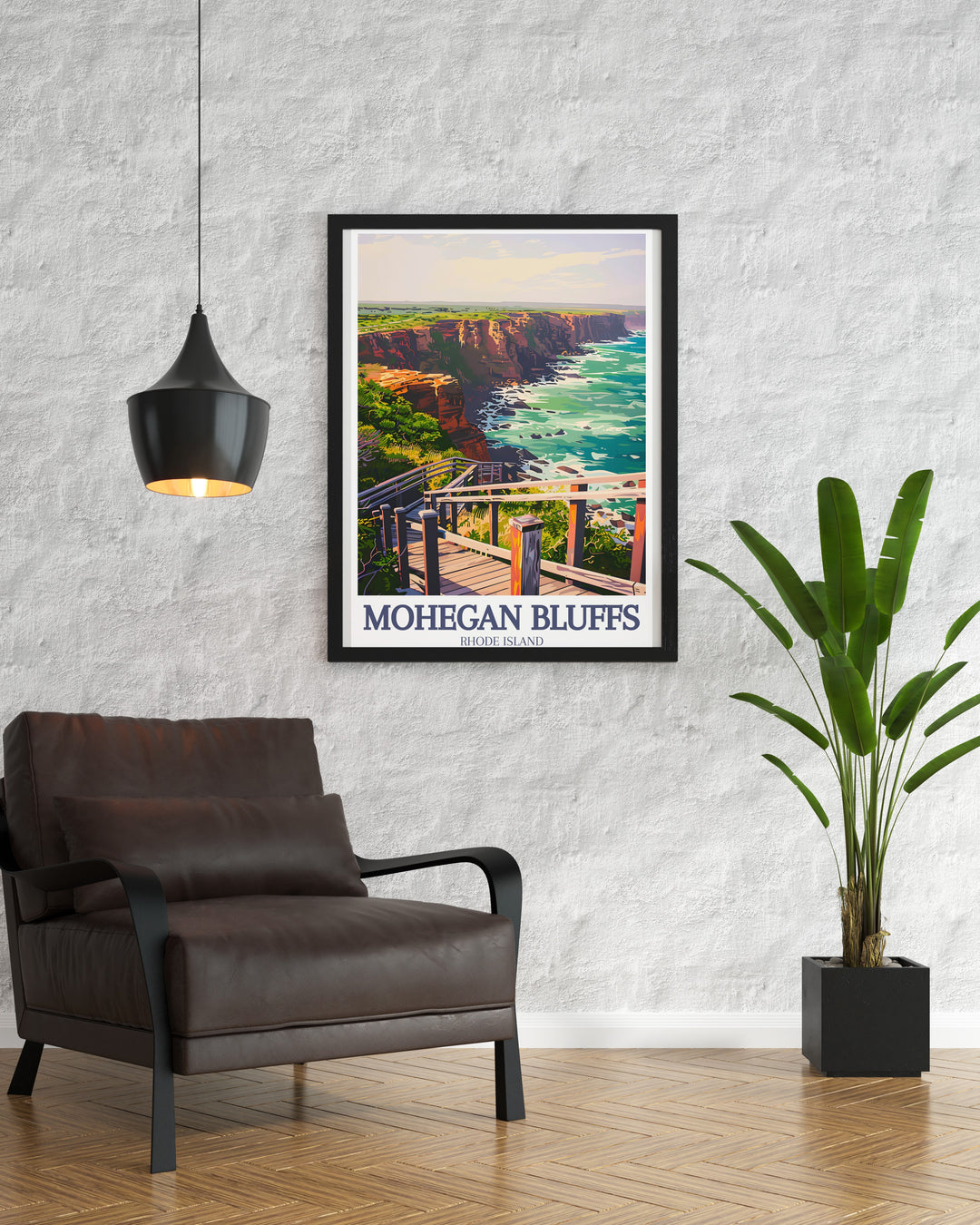 Featuring the clay cliffs and Mohegan Bluffs Pavilion, this travel print beautifully showcases the natural beauty of Block Island. The vintage poster design with a calming color palette makes it perfect for beach house décor or as a thoughtful gift for nature lovers.